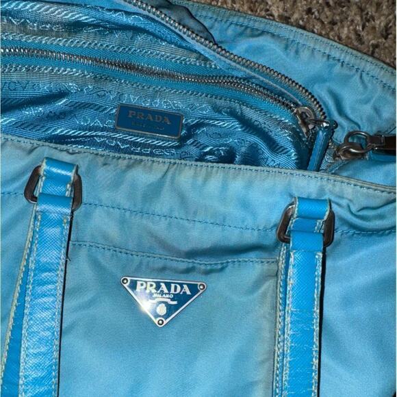 Prada Teal Tessuto Nylon with Leather Handles and Trim Tote, GUC vintage - Picture 12 of 13